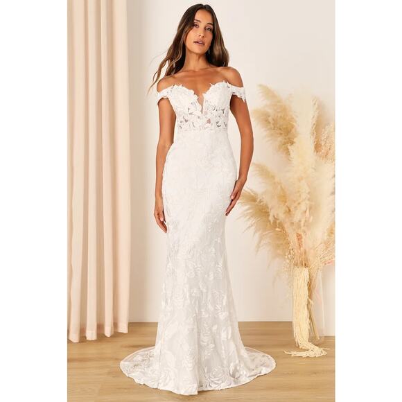 NWT Lulus Precious Romance White Embroidered Off-the-Shoulder Maxi Dress Bride 6 - Picture 1 of 9